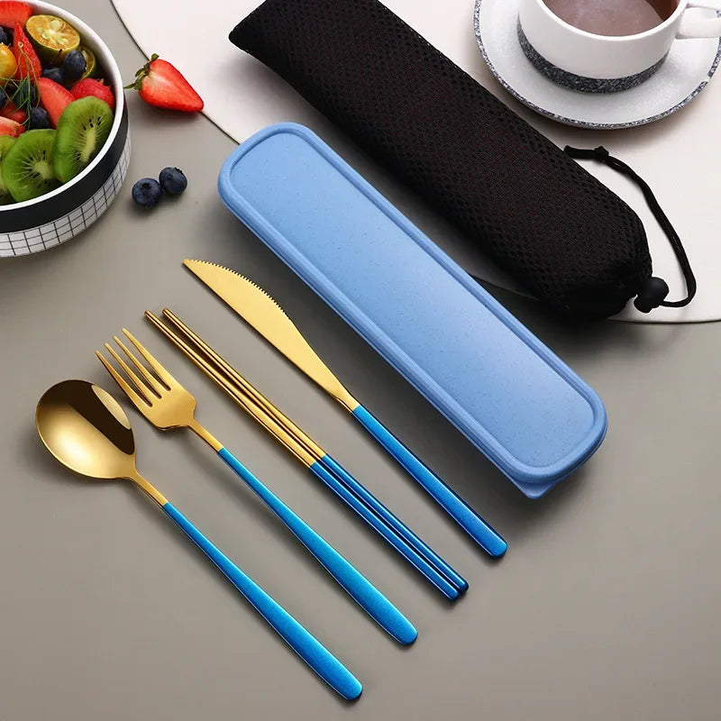 Portable Travel Utensils Set with Case Stainless Steel Knife Forks Spoons Chopsticks for Lunch Box Office Picnic Dinnerware Use